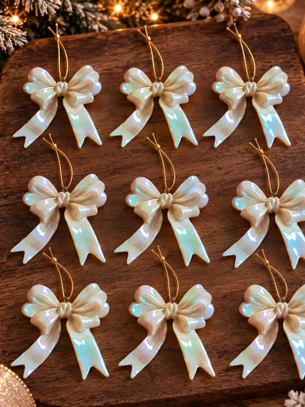 Lot Of 9 Vintage Butter Cream Iridescent Bow Ornaments Coquette Pearl Decor